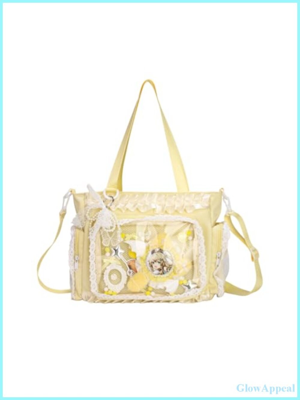 Kawaii Pin Display Crossbody Tote Bag with Insert Lace Bow Nylon Purse